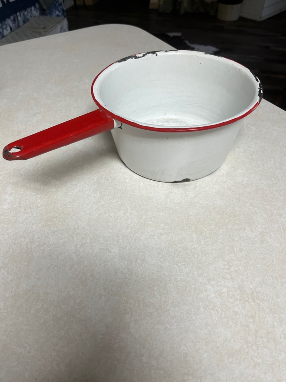 White and Red Enamel Saucepan with Handle